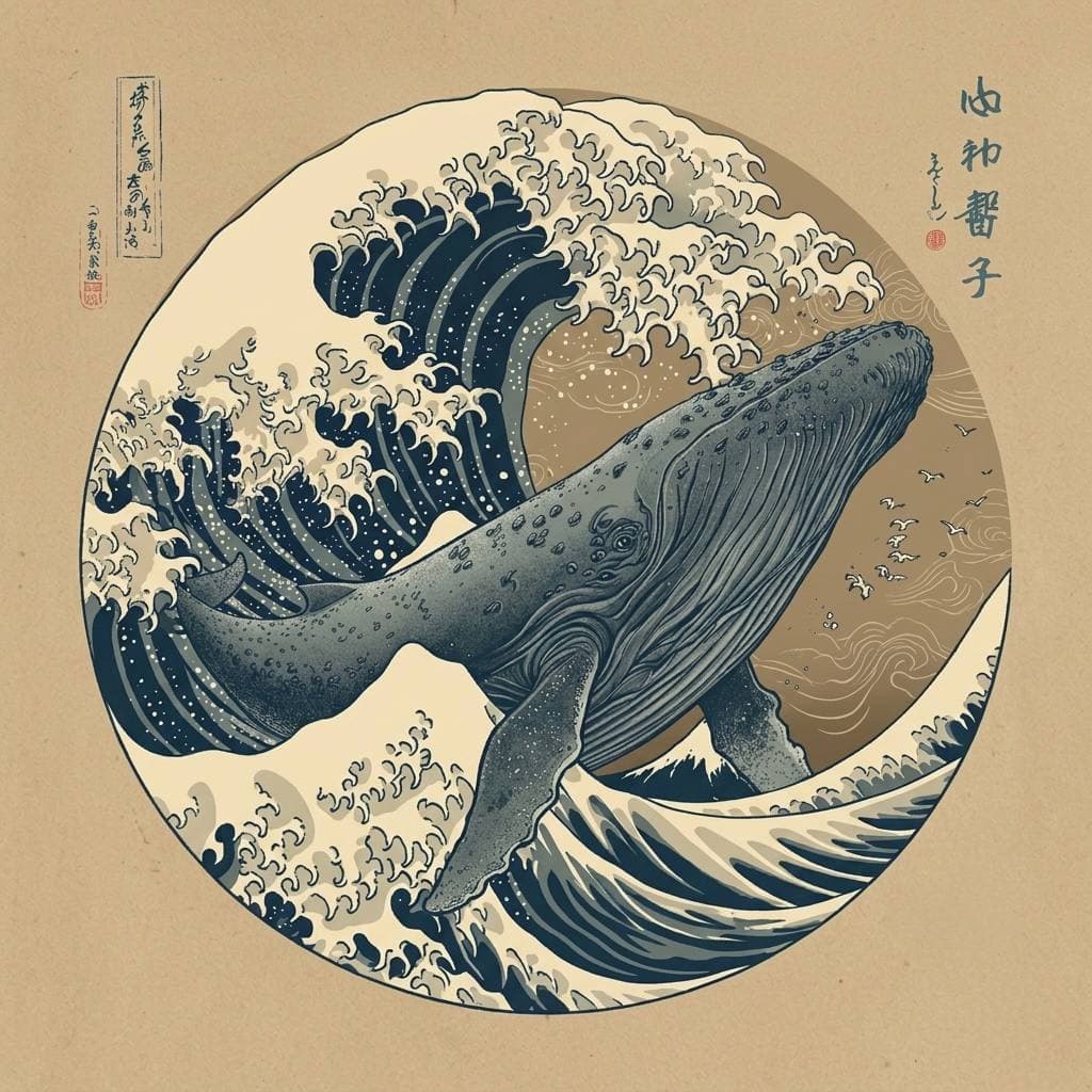 Whalecoin. A whale breaching the Great Wave, ukiyo-e crest